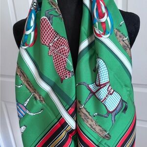 Hermes Green Equestrian Print Silk Scarf with Red, Blue and Black Accents